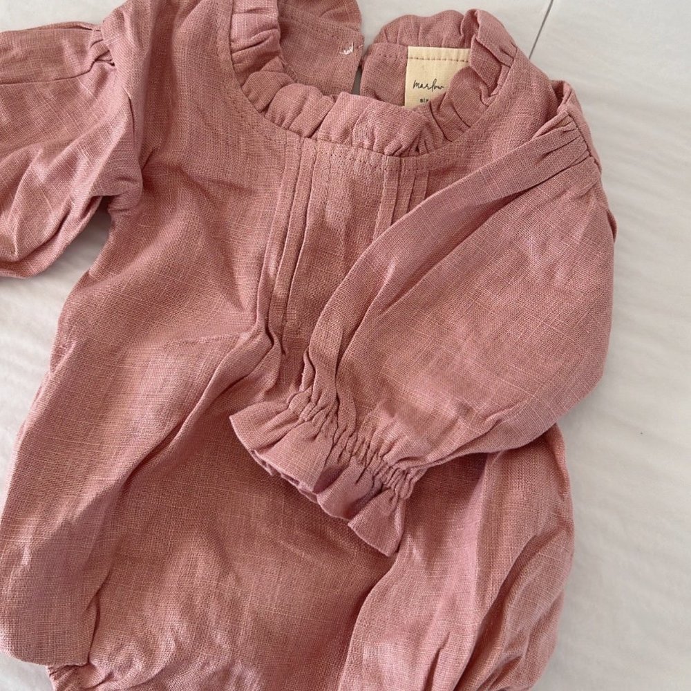 Marlow and mae Jean Romper in 100% Sandwashed Linen lilac Baby 0-3 Months